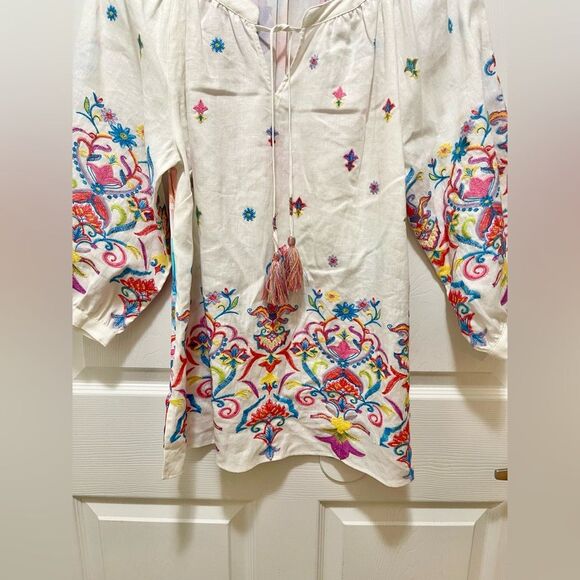 John Mark Womens Tunic Top Floral Embroidered Tassel Linen Size M Split Neck NWT - Picture 5 of 15